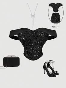 SHEIN MOD 女士露肩优雅上衣，饰有水钻 - 黑色 - 查看 2