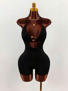 Amplova Bộ đồ liền thân hở cổ gợi cảm trang trí kim loại màu trơn cho nữ - màu đen - Xem 5