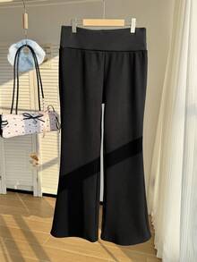 SHEIN EZwear Plus Size Autumn/Winter Casual Solid Color Wide-Waist Thickened Pants - Black - View 6