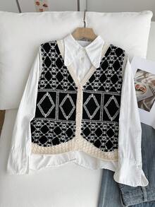 Comfortcana Áo vest dệt kim dáng suông họa tiết hình học jacquard dành cho nữ cỡ lớn - Nhiều màu - Xem 5