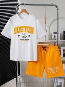 SHEIN Teen Boys 2-Piece Set: Contrast Color Letter Graphic White Crew Neck Short Sleeve T-Shirt + Yellow Shorts, Casual, School, Travel, Outdoor, Music Festival, Holiday Party, Summer Beach, Soft Fabric, Versatile - Multicolor - View 5
