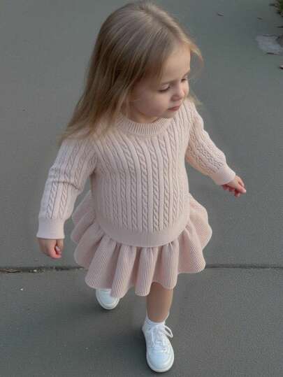 女婴毛衣套装，时尚可爱套头针织长袖上衣+针织裙，柔软舒适，适合春秋季节，百搭实用，适合日常、户外、旅行、度假、居家、托儿所和女婴玩耍。秋冬季两件套女婴毛衣套装，女婴裙子套装，女婴冬季两件套针织服装。