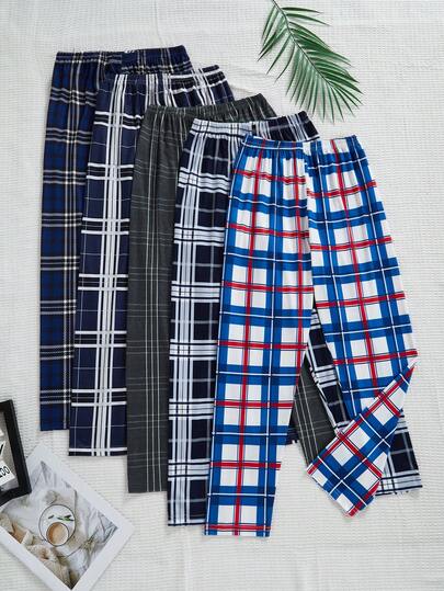 5pcs Boys Plaid Casual Pants, This Pants Combination Set Is Suitable For Tween Boysto Wear Casually At Home Or As Indoor Leisure Wear. The Simple Design Style Makes It Easy To Match, Allowing Boys To Exude Fashion And Vitality At Home. Suitable For All Seasons, Stretchy And Breathable Knit Fabric, Machine Washable, Comfortable Fit, And Easy Care (5 Pieces Are Sold Separately) Boys Pajama Pants Plaid Pajama Pants