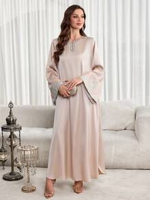 Al Najma 女士彩色刺绣优雅长袖土耳其长裙和阿拉伯传统长袍 - 杏色 - 查看 4