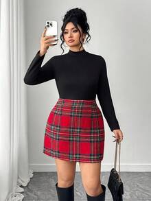 Elenzga Plus Size Women Elegant 2-Piece Set Solid Stand Collar Long Sleeve T-Shirt And Plaid Midi Skirt,Black And Red,Autumn,Smart Casual,Everyday Club Outfit - Black - View 3
