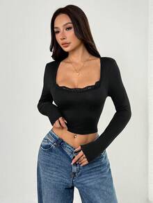 SHEIN PETITE Áo thun nữ cổ tròn tay dài phối ren màu tương phản trơn - màu đen - Xem 10