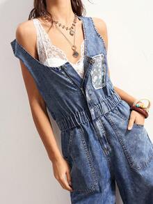 Bohemela 波西米亚风休闲度假风拼接U领破洞牛仔连体裤，女士春夏款 - 藍色 - 查看 5