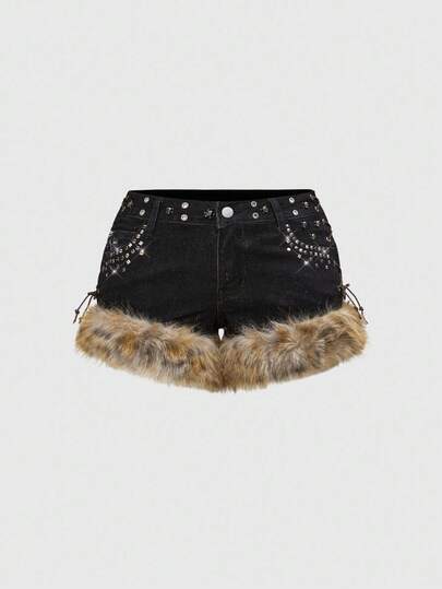 Grunge Punk Shorts vaqueros mini con dobladillo deshilachado y tachuelas con calavera, estilo Y2K, talla grande
