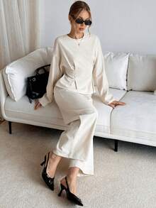 Siren Gaze Elegantes 2-teiliges Damen-Set aus apricotfarbenem Leinen, tailliertes Langarmhemd mit Rundhalsausschnitt & Hose mit geradem Bein, herbstlicher Casual-Anzug für Damen-Brunch - Aprikosenfarben - Übersicht 5