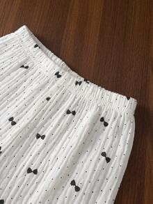 女婴纯棉褶皱蝴蝶结波点印花荷叶领开衫短袖套装（含裤子）休闲家居服 - 彩色 - 查看 7