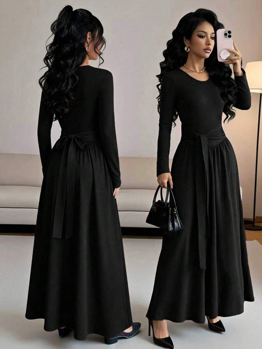 SHEIN Elenzya 女士休闲纯色弹力腰带系带袖口长袖A字连衣裙，秋季款 - 黑色 - 查看 1