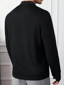 Core Aspect 男士秋季长袖Polo衫，针织钩编面料，纯色Polo衫，休闲Polo衫，纽扣Polo衫，适合日常外出、朋友聚会、休闲周末穿着，是送给男友或老公的绝佳礼物，INS热销Polo衫 - 黑色 - 查看 2