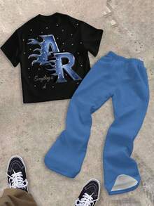 SHEIN Bộ 2 quần ống loe in họa tiết ngôi sao thời trang cổ điển cho bé trai tuổi teen, áo phông in họa tiết văn hóa graffiti đường phố, quần ống loe in họa tiết ngôi sao ombre, phù hợp cho mùa xuân/hè, thời trang đường phố - Nhiều màu - Xem 3