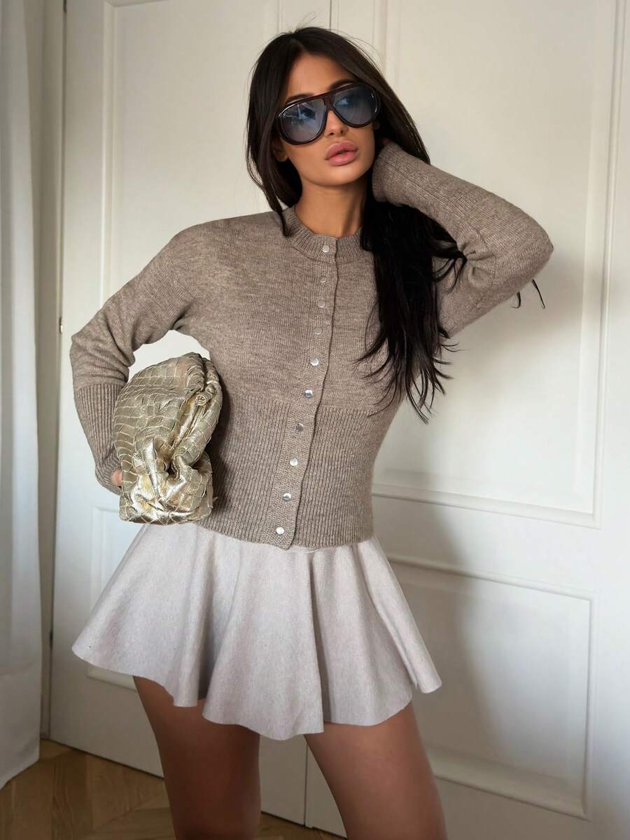 Ronhire Short Slim Front Button Solid Color Long Sleeve Simple Casual Knit Cardigan, Sweater,Short Women's Sweater,Women's Sweaters,Knit Sweaters,Winter Women's Clothing,Fall Women's Clothing,FW24,Knitted Sweater - Camel - View 1
