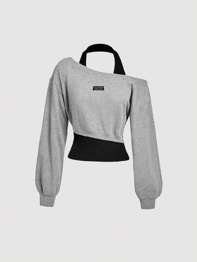 SHEIN MOD Áo nỉ vai bất đối xứng họa tiết khối màu cổ điển thường ngày dành cho nữ, phù hợp cho mùa thu/đông