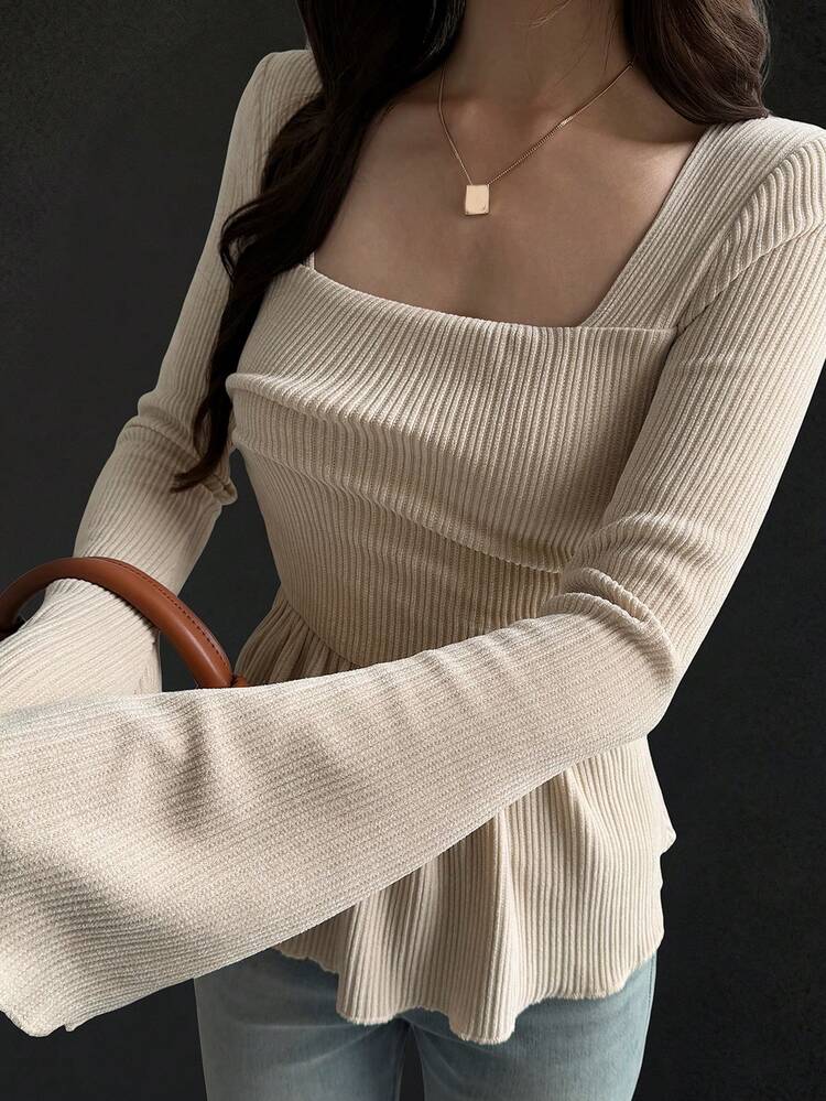 Women's Square Neck Fitted Ribbed Flare Sleeve T-Shirt Spring Babydoll Top