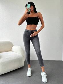 EURMUSE 97% Cotton Solid Skinny Cropped Jeans - Dark Grey - View 5