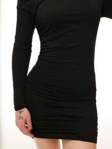 Katetique Asymmetrical Shoulder Ruffle Long Sleeve Elastic Waist Short Casual Dress,Ladies Elegant Asymmetrical,Ruched Long Sleeve Asymmetrical Neck Slim Fit Short Black Regular Sleeve Plain Bodycon Women Short Dresses,Spring/Fall,Party/Nightclub Outfits