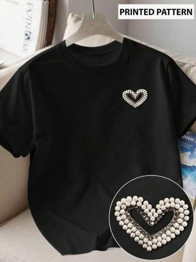 Camiseta de manga corta holgada de cuello redondo con gráfico de Corazon pequeño, perlas, camiseta informal de algodón mezclado para mujer