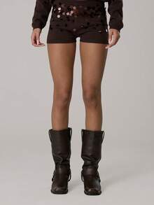 MUSERA Quần short dệt kim đính sequin, quần dài phối hợp, kiểu dáng thường ngày, dễ thương, ấm áp, thích hợp mặc ở nhà, phong cách Coco Cloud. - Màu nâu Sô-cô-la - Xem 2