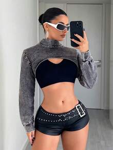 Jeanoix 女士纯色简约长袖牛仔衬衫 - 深色水洗藍 - 查看 1