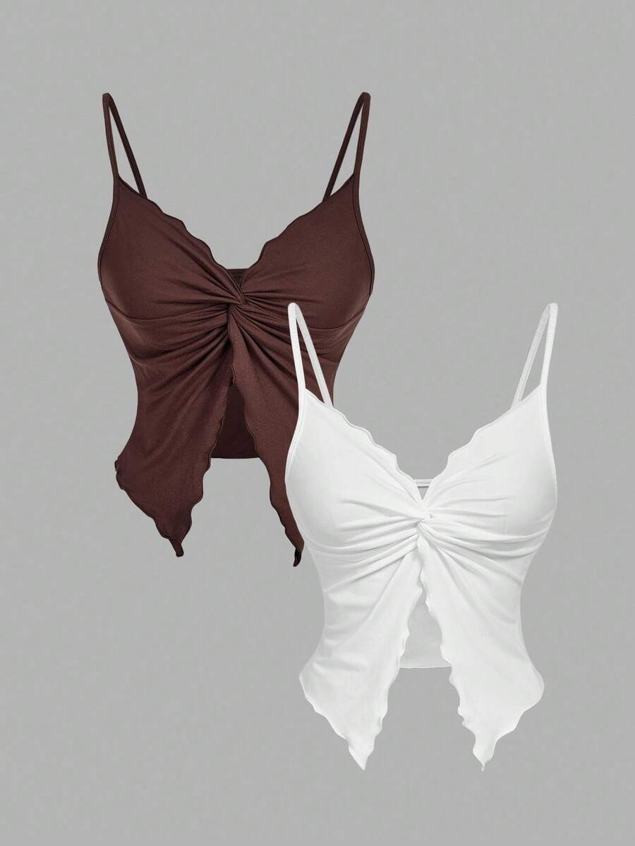 SHEIN MOD 女士纯色扭纹设计开摆性感吊带背心 - 棕色 - 查看 1