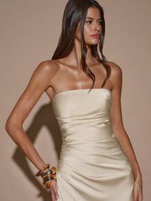 SHEIN BAE 秋冬季女士性感简约纯色奶油黄褶皱露背美人鱼连衣裙，适合派对、鸡尾酒会、正式场合、伴娘礼服、生日礼服、缎面长裙、圣诞节、宴会、商务休闲等场合。 - 杏色 - 查看 7