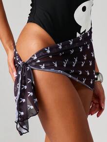 Missguided x Playboy 兔耳网纱罩衫沙滩泳装泳池派对夏季度假透视黑色系带腰部沙滩装 - 黑色 - 查看 3