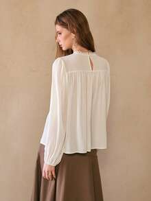 Florisole Áo cánh voan màu mơ rộng rãi, họa tiết thêu ren Bohemian lãng mạn, thoải mái dành cho nữ, mùa xuân/thu - Màu be - Xem 2