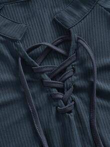 Manfinity BRENVOR 男士休闲罗纹针织系带立领长袖 T 恤，夏季，秋季 - 藍色 - 查看 4