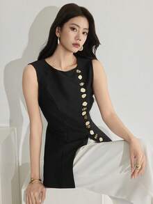 Heiryn 女士圆领金属单排扣不对称下摆时尚百搭无袖衬衫 - 黑色 - 查看 1