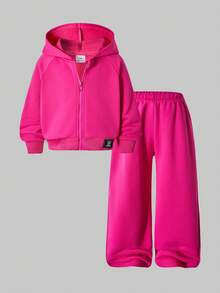SHEIN ChillGRL Streecool 少女休闲学院风百搭小Logo连帽宽松拉链卫衣和阔腿运动裤套装，适合休闲和运动场合。 - 玫紅色 - 查看 3