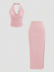 Sweetra Plunging Neck Backless Halter Top & Side Slit Skirt Set - Baby Pink - View 1