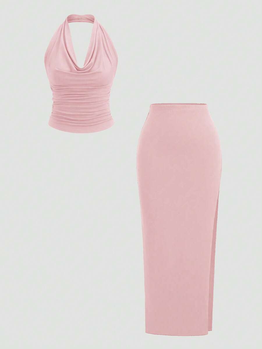 Sweetra Plunging Neck Backless Halter Top & Side Slit Skirt Set - Baby Pink - View 1
