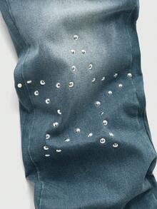 ROMWE MEN Street Life Spring/Summer Casual Graphic Men'S Pocketed Star Rhinestone Embellished Flared Jeans - Medium Wash - View 4