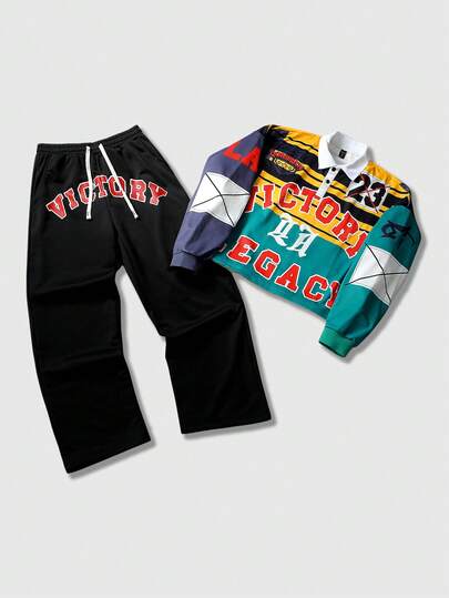 ROMWE MEN Men's Letter Print Polo Collar Long Sleeve T-Shirt And Drawstring Waist Long Pants Sports Outfit
