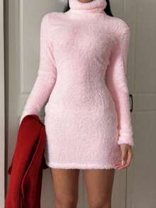 SHEIN EZwear Women's Casual Pink Fuzzy Turtleneck Bodycon Mini Dress, Autumn/Winter Pink Bodycon Dress Pink Sweater Dress Pink Fluffy Dress Fluffy Dress Women Pink Long Sleeve Dress - Pink - View 5