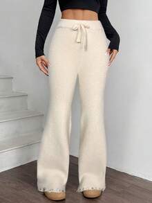 SHEIN EZwear 女士纯色喇叭裤腿打结针织裤，秋冬季款 - 杏色 - 查看 6