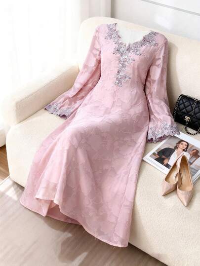 Al Najma V-Neck Embroidered Floral Trim Pink Long Sleeve Elegant Flared Floral Dress For Women