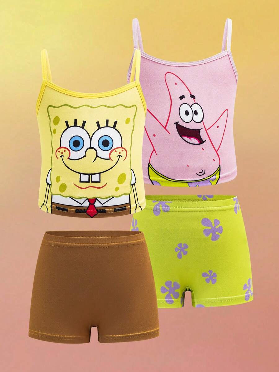 SpongeBob SquarePants | SHEIN Young Girl Cartoon Pattern Camisole Top And Boyshorts Panties Lingerie Set - Multicolor - View 1