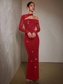 SHEIN BAE 优雅黑色不对称领长袖修身连衣裙，黑色连衣裙，正式礼服，派对礼服，鸡尾酒礼服 - 紅色 - 查看 4