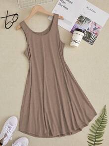 Sleeveless Solid Color Round Neck Summer House Dress, Moo Moo - Coffee Brown - View 1