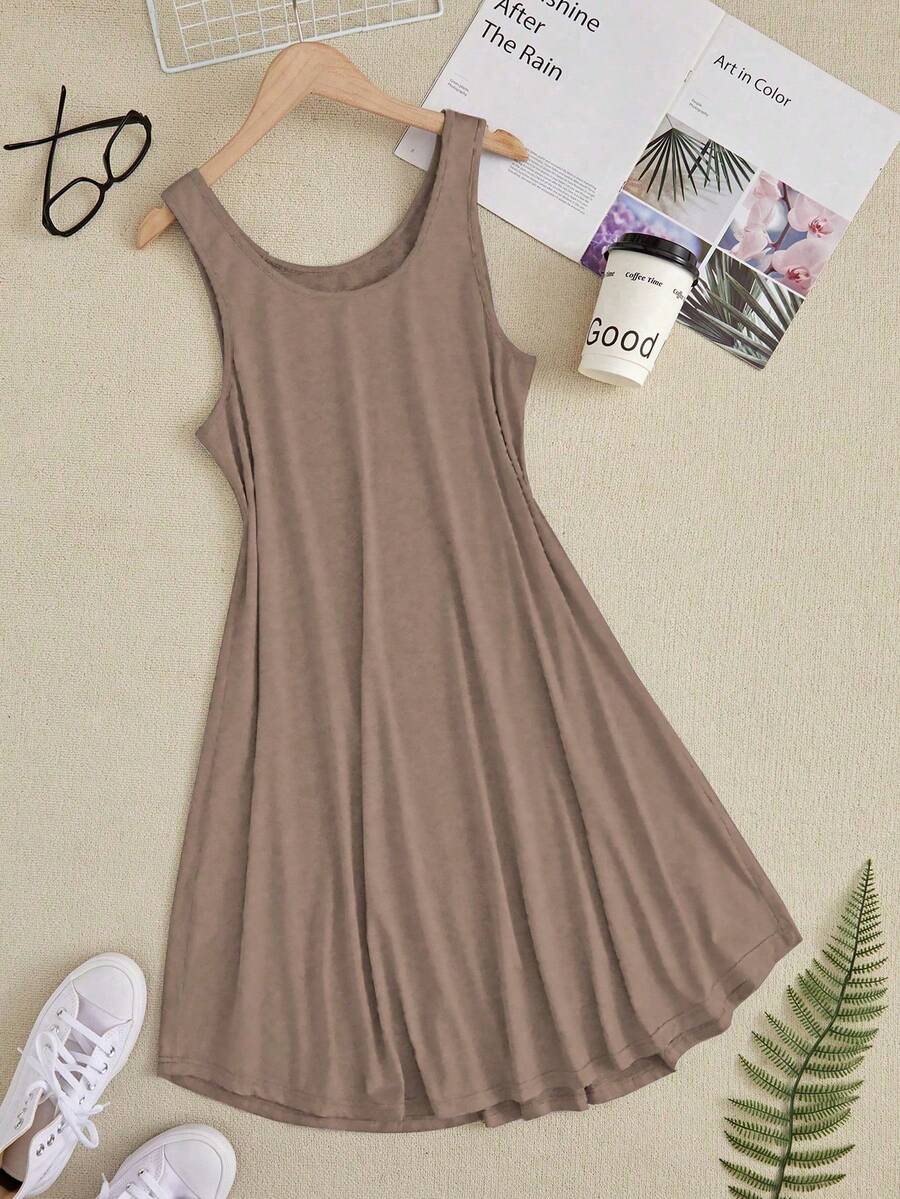 Sleeveless Solid Color Round Neck Summer House Dress, Moo Moo - Coffee Brown - View 1