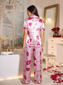 LuxeNights 2件套女士嘴唇和爱心印花翻领短袖睡衣套装 - 粉色 - 查看 2