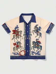 ROMWE MEN Street Life 男士短袖骑士印花单排扣休闲衬衫 - 彩色 - 查看 1