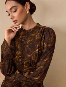 Graceveil Váy ôm họa tiết hoa voan tay bèo nhún dành cho nữ - Cà phê - Xem 4