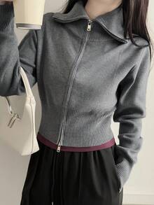 DAZY 女士短款拉链长袖连帽卫衣 - 灰色 - 查看 7