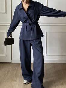 DAZY Bộ đồ mặc nhà mùa Thu/Đông dáng rộng, chất liệu denim giả cổ, màu gốc đã qua xử lý, gồm áo khoác và quần ống thẳng, kèm thắt lưng, dành cho nữ. - Màu xanh lam - Xem 5