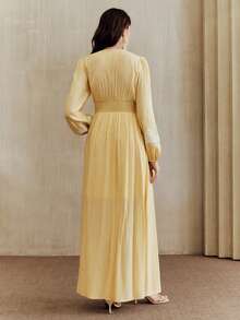 Anewsta 女士优雅浪漫宫廷风蕾丝边V领花瓣袖收腰喇叭连衣裙，黄色 - 黃色 - 查看 5