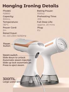 Teckwe Bàn ủi treo, máy hấp quần áo cầm tay, máy ủi di động 2 trong 1, làm nóng nhanh, hơi nước mạnh, loại bỏ nếp nhăn hiệu quả, thích hợp cho gia đình và du lịch - Phích cắm EU - Phích cắm loại C của EU (220-240V) - Xem 9